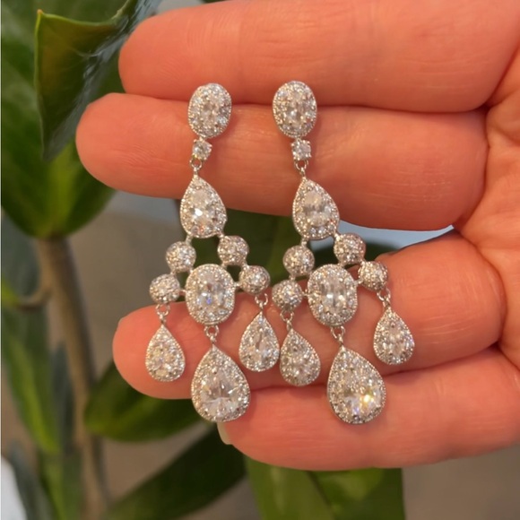 Dessy Cubic Zirconia Chandelier Drop Earrings - White Gold Tone - Picture 7 of 7